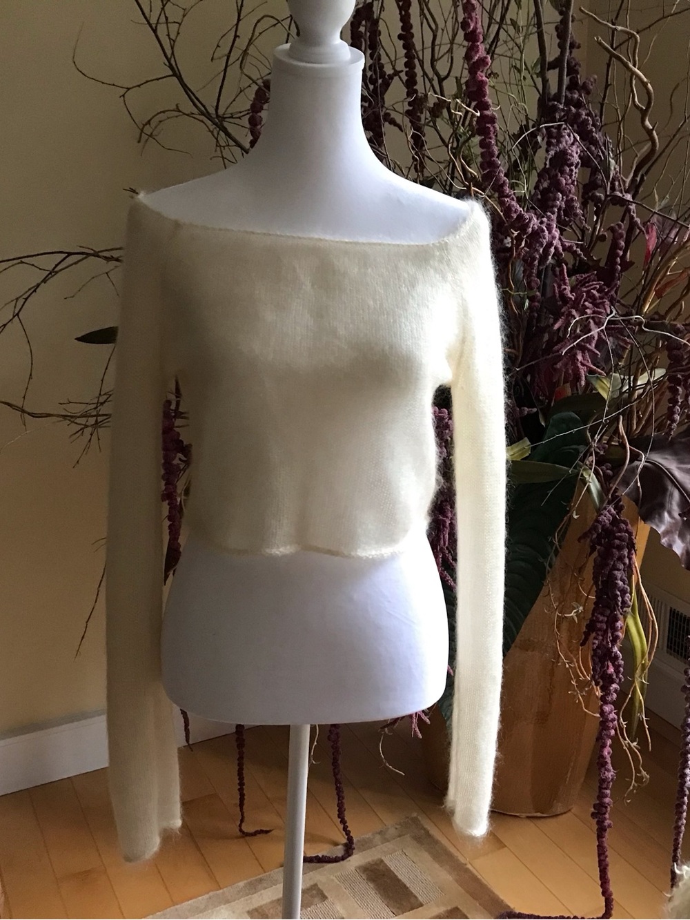 Juicy Couture Cream Off-the-Shoulder Fuzzy Cropped Sweater